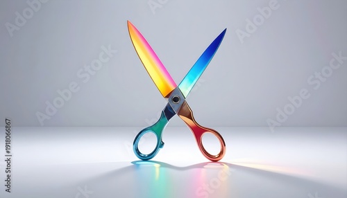 Colorful Vibrant Scissors with Reflections on a Minimalist Surface,Surreal concept