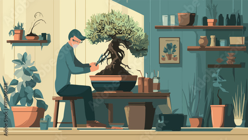 An elderly man meticulously prunes a bonsai tree in a serene indoor garden setting