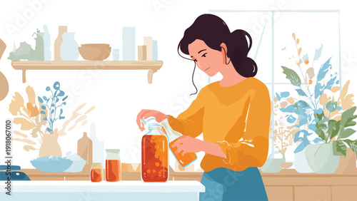 A woman in an orange sweater pours amber liquid from a bottle into a jar on a kitchen counter