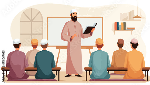 Teacher leads a class with students seated on mats, holding a book