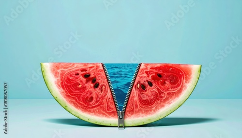 Creative Half Watermelon Slice with Open Zipper and Blue Background,Surreal concept
