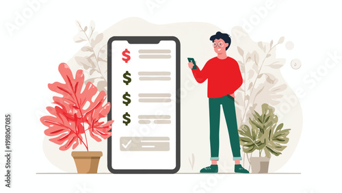 Man checking finances on his phone amidst plants and abstract shapes