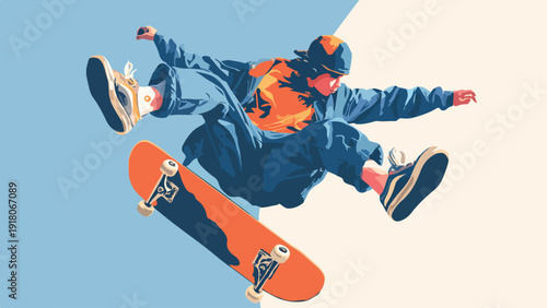 A stylized graphic of a person performing a skateboard trick in mid-air