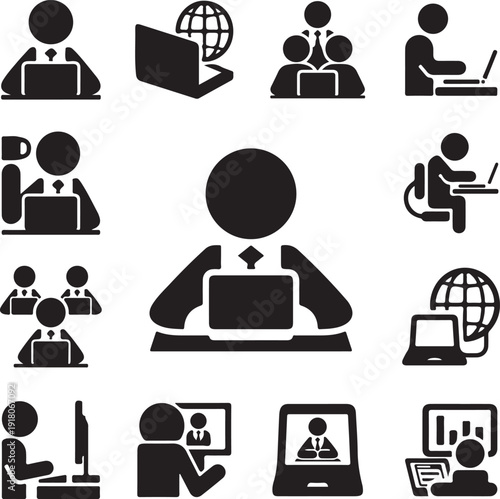 A black vector set of business people icons and office management silhouettes featuring stick figure pictograms of a professional team in a meeting and presentation