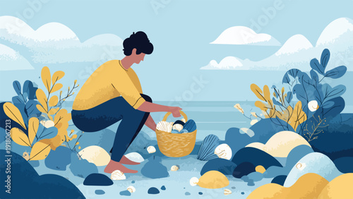 A person crouches to collect shells and foliage on a beach with blue water and cloudy sky
