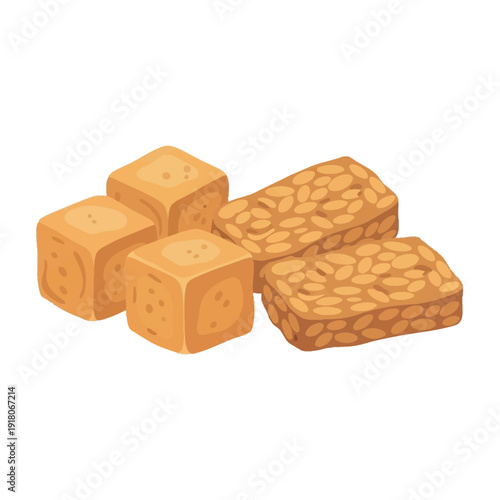 Assorted Tempeh Blocks on White Background.
