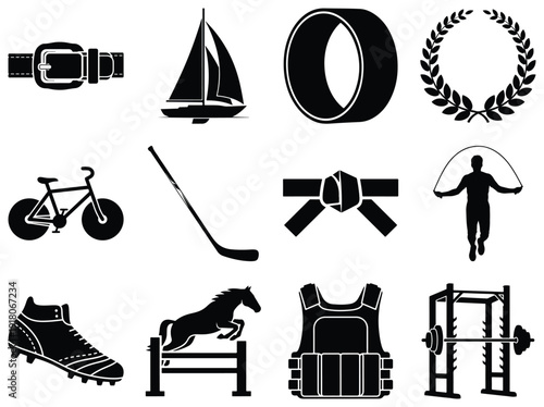 Black and white of various sports and activities including belt
