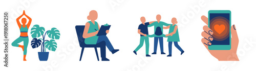 Flat Vector Mental Health and Wellness Character Illustration Asset Sheet for Holistic Therapy and Self Care