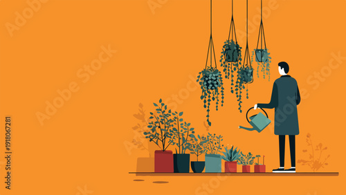 Person waters hanging and potted plants against an orange background