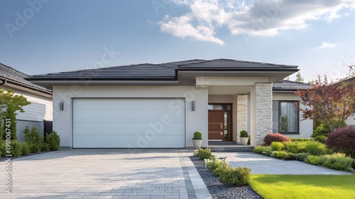 Modern suburban house with a large garage and well-maintained front yard under a cloudy sky.