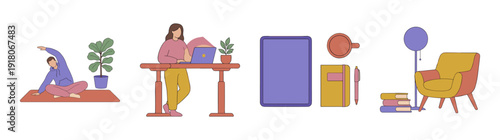 Flat Vector Remote Work and Wellness Graphic Set for Modern Lifestyle and Home Office Productivity