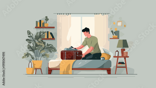 A person packs a suitcase on a bed in a room with plants and books