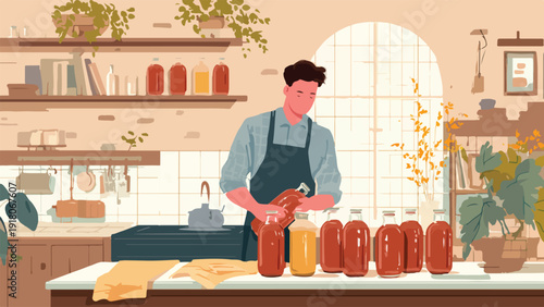 A person in an apron is bottling liquids in a warm, cozy kitchen setting with plants and shelves