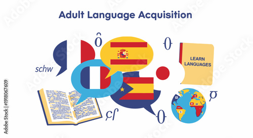 Adult language acquisition with flags, book, globe, and symbols