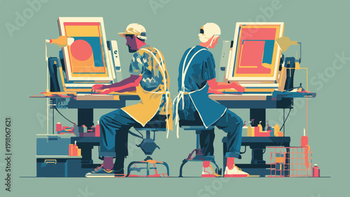 Two individuals intently working on computers at identical desks with colorful screens