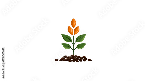 A stylized illustration depicting a plant with coffee bean roots, leaves, and stylized orange blooms