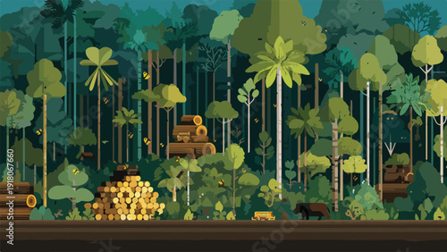 Dense, lush jungle scene with stacks of logs, a bear, and flying insects, rendered in a flat, illustrative style