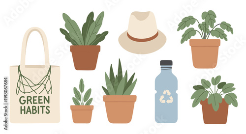 Collection of potted plants and eco-friendly accessories displayed on a clean surface, showcasing green habits and sustainable living.