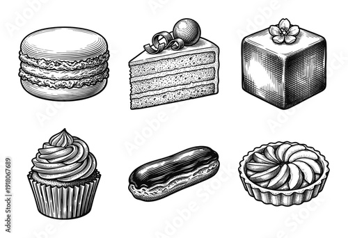 Set of six hand drawn vintage engraving style pastry and dessert illustrations featuring cake, macaron, cupcake, and tart.