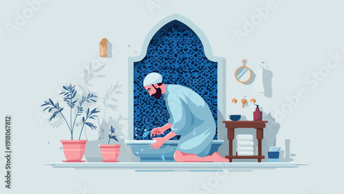Man wearing a blue robe and white cap washes hands at an ornate blue tiled fountain