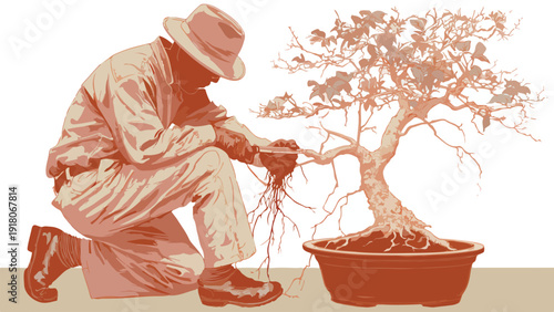 A person in a hat and gloves carefully tends to a potted bonsai tree's exposed roots