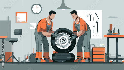 Two mechanics in overalls work on a car tire in a garage