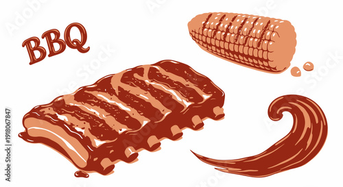Barbecue ribs, corn, and sauce illustration with BBQ text