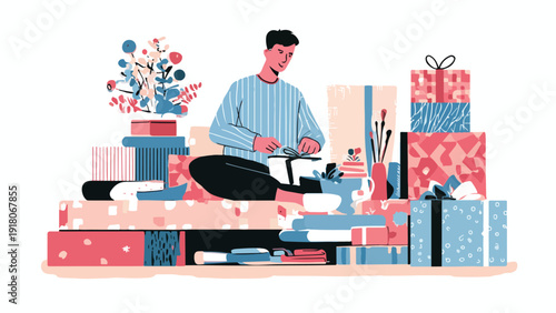 Man in striped shirt tying ribbon on gift box surrounded by presents and decorative items