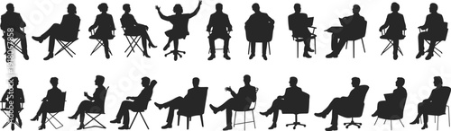 Business people silhouettes sitting on chairs, diverse seated human poses collection, interview meeting discussion concepts isolated on white background