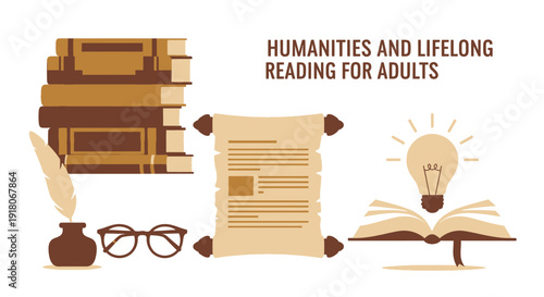 Books, quill, scroll, and lightbulb for adult reading concept