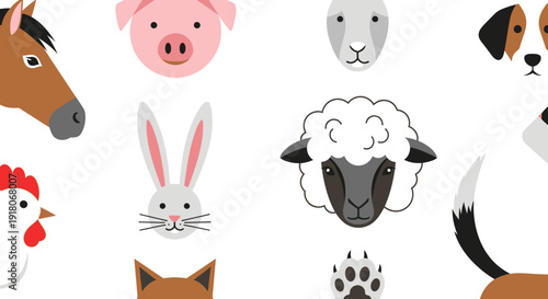 Cartoon farm and pet animal heads seamless pattern