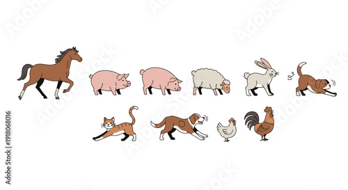 Cartoon farm and pet animals set on white background