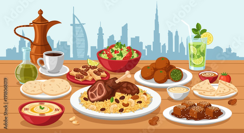 Delicious Arabic Cuisine with Dubai Skyline Backdrop