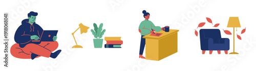 Flat Vector Remote Work and Study Lifestyle Graphic Set for Modern Productivity and Home Office