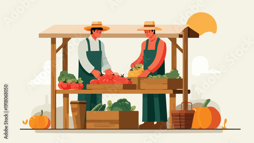 Farmers selling fresh produce at an outdoor market stall under the sun