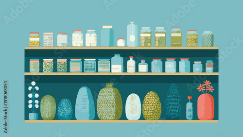 Assortment of preserved foods in jars and decorative items displayed on shelves