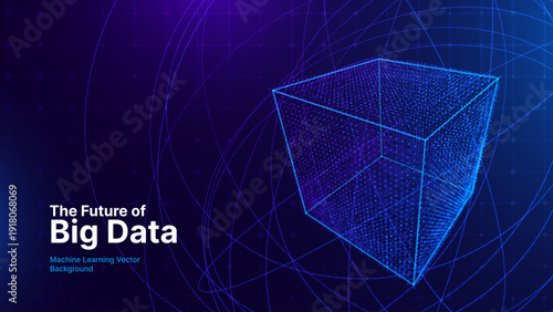 Abstract 3D Digital Server Cube Background with Big Data and AI Technology. Glowing Blockchain Grid for Futuristic Corporate Presentations. Vector Illustration.