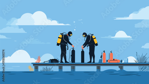 Two divers prepare their gear on a wooden pier beside calm blue water and a cloudy sky
