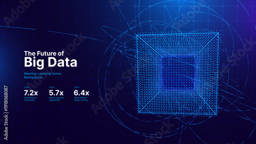 Abstract 3D Data Cube Background with Glowing Digital Grid. Big Data Storage and AI Technology Concept for Futuristic Business Templates. Vector Illustration.