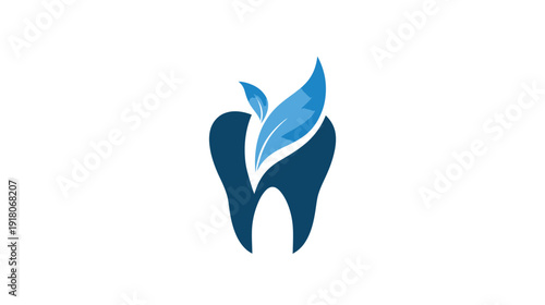 A dental logo featuring a dark blue tooth with blue leaves growing upward. It is a clean design