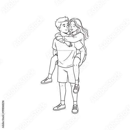 Romantic Young Couple Piggyback Ride Minimal Line Art Drawing Illustration
