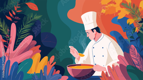 A chef in a white uniform tastes a bowl of soup amidst a backdrop of vibrant, abstract foliage