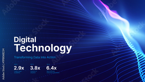 Blue Abstract Wave Technology Background with Digital Data Flow and Neural Network Particles. Futuristic Artificial Intelligence Business Presentation Template. Clean Vector Illustration.