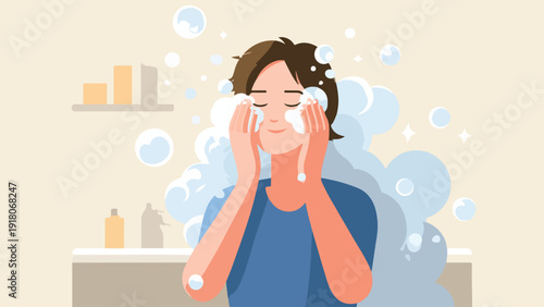 A person washes their face with suds and bubbles in a clean bathroom setting