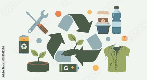 Sustainable living illustration featuring recycling symbols, eco-friendly products, and green lifestyle elements