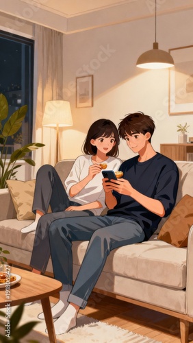 Couple interacting with smartphone enjoying social media at night