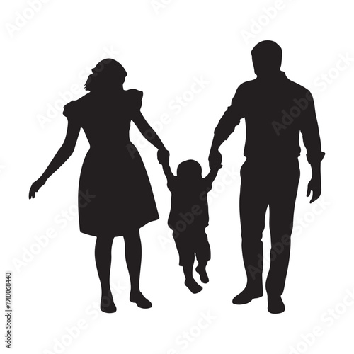 Family silhouette illustration, mother father and child holding hands walking together, happy parenting love concept isolated on white background