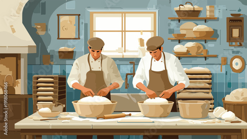 Two bakers in an old-fashioned kitchen work with dough, shelves stocked with bread