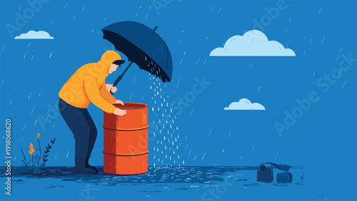Person in yellow raincoat with umbrella collecting rain into barrels during a downpour