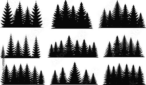 Pine tree forest silhouettes, coniferous woodland shapes, evergreen nature icons, stylized black trees, vector illustration, abstract forest design elements